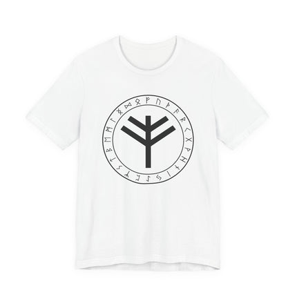 Norse rune circle tee featuring the Algiz protection rune and Elder Futhark symbols.