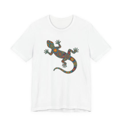 Colorful Huichol lizard graphic tee featuring vibrant Mexican indigenous folk art design.