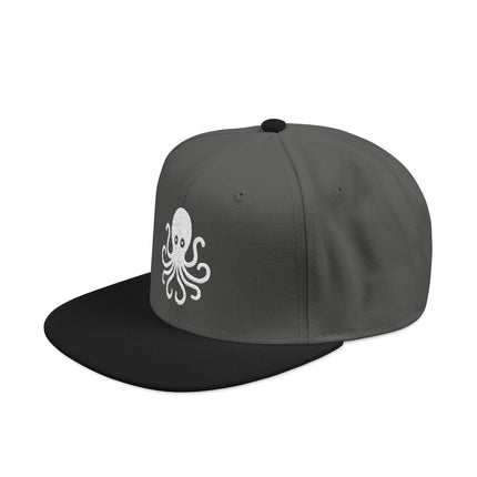 Grey snapback cap featuring white embroidered octopus graphic.