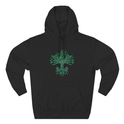 Green Celtic Tree of Life graphic featuring intricate knotwork world tree design.