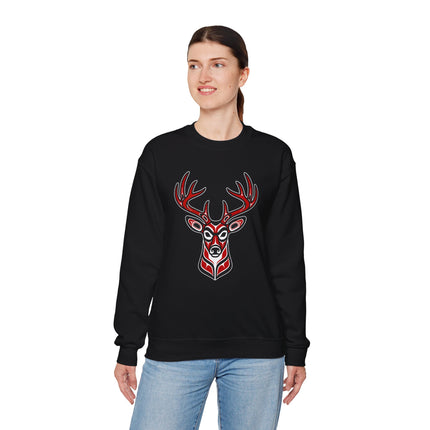 Tribal red and black deer head formline art graphic on a black sweatshirt.