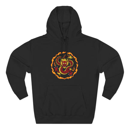 Fiery Chinese dragon graphic on a black hoodie. Symbolizing power, strength, and good fortune.