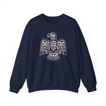 Unisex pullover featuring detailed Pacific Northwest indigenous hawk formline art design.