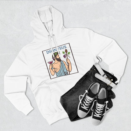 Dionysus, the Greek god of wine, holding grapes and a cup. Mythological illustration on a white hoodie.
