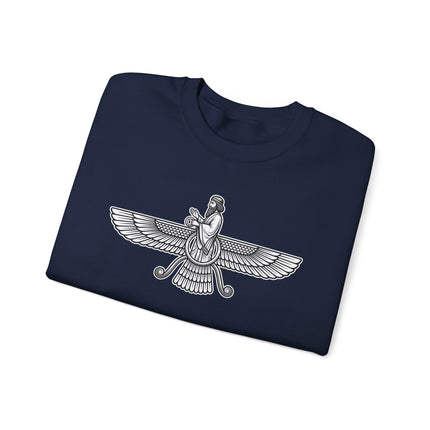 Faravahar winged symbol graphic design, representing Zoroastrian spirituality and ancient Persian culture.