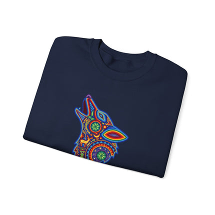 Vibrant Huichol wolf tribal art graphic printed on a colorful Mexican sweatshirt.