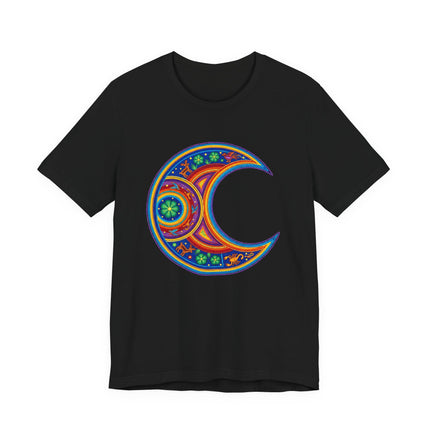 Black t-shirt featuring a vibrant Huichol-style crescent moon mandala indigenous art design.