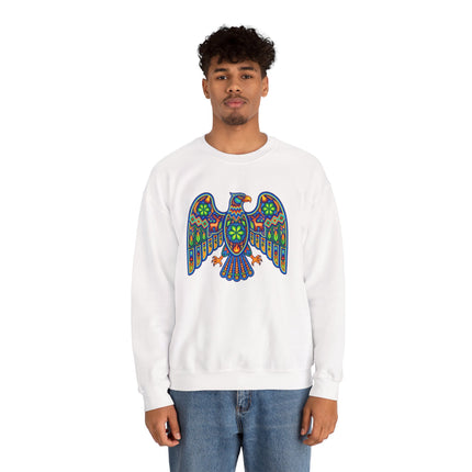 Colorful Huichol eagle art graphic on a white unisex sweatshirt featuring Mexican folk design.