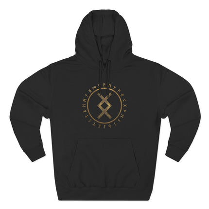 Black pullover hoodie with gold Inguz Rune and Futhark alphabet circle design.