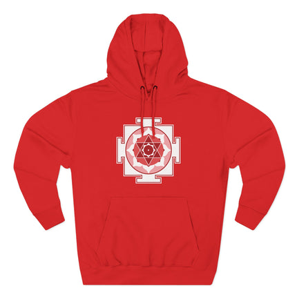 Kamala Yantra sacred geometry symbol on a red hoodie. Hindu Goddess art and spiritual design.