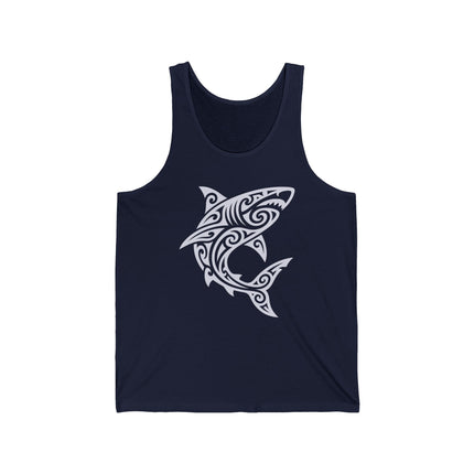 White tribal shark graphic featuring Maori Polynesian art style.