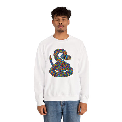 Colorful geometric rattlesnake art graphic on a white pullover sweatshirt, inspired by Huichol tribal patterns.