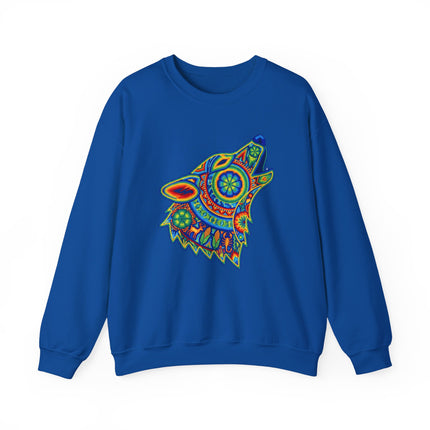 Colorful tribal rainbow wolf howling art graphic on blue sweatshirt.
