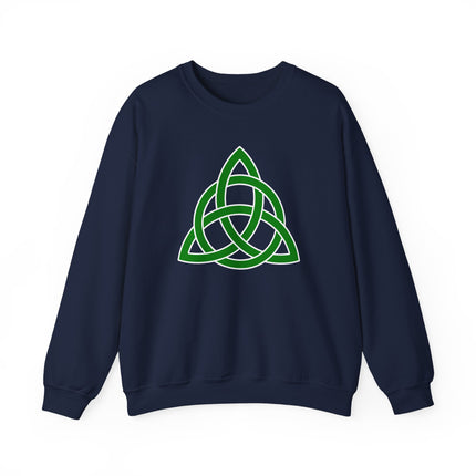 Green Celtic Triquetra knotwork graphic on a dark blue pullover sweatshirt.