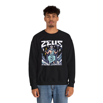 Zeus, King of the Gods, graphic on a black sweatshirt. Greek mythology lightning design.