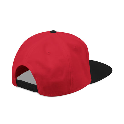 Red snapback hat with Faravahar embroidery, symbolizing Persian Zoroastrian culture.