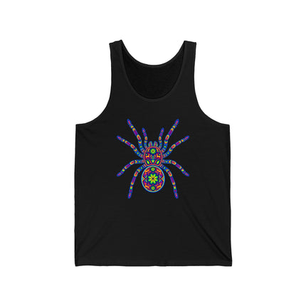 Huichol tarantula mandala design on black unisex tank top. Colorful Mexican folk art print.