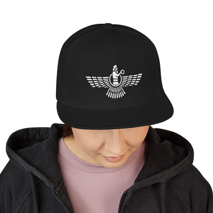 Black snapback hat featuring the embroidered Faravahar symbol of Zoroastrian Persia.