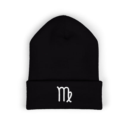 Virgo Symbol Cuffed Beanie | Embroidered White Earth-Sign Zodiac Glyph