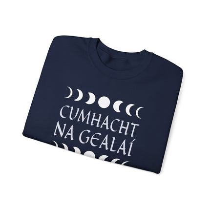 Graphic pullover featuring Irish Cumhacht Na Gealaí Moon Power Phases graphic design.
