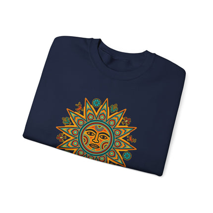 Vibrant Huichol Sun Symbol graphic print on a cozy pullover sweatshirt.