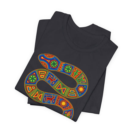 Vibrant Huichol-style serpent graphic on a black cultural t-shirt.