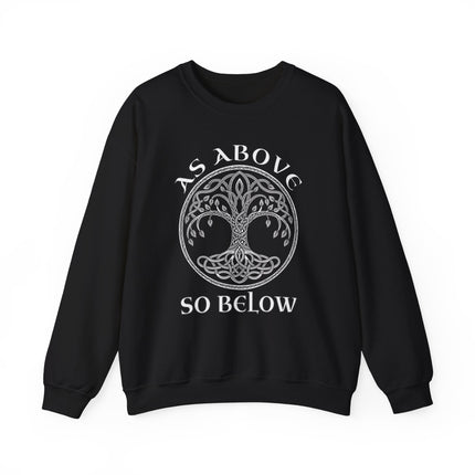 Celtic Tree of Life sweatshirt with "As Above So Below" text and knotwork design.