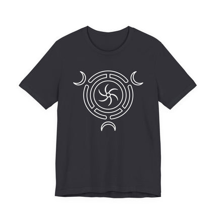 Hecate's Wheel Triple Goddess Moon symbol graphic on a black t-shirt.