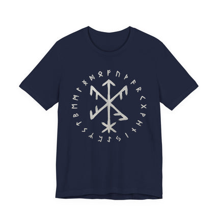 Elder Futhark runes and bind rune symbol graphic on a navy blue t-shirt.