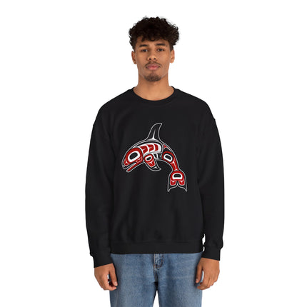 Red formline art orca whale graphic on a black Pacific Northwest sweatshirt.