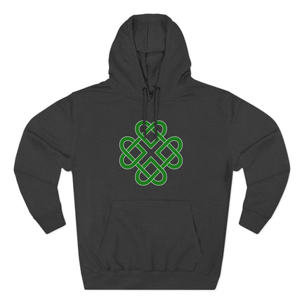 Green Celtic knot clover design on a black pullover hoodie. Irish knotwork art.