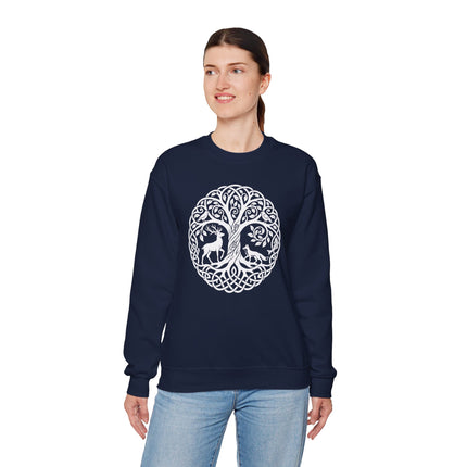 Celtic Tree of Life knotwork design featuring deer and forest animals on a navy sweatshirt.