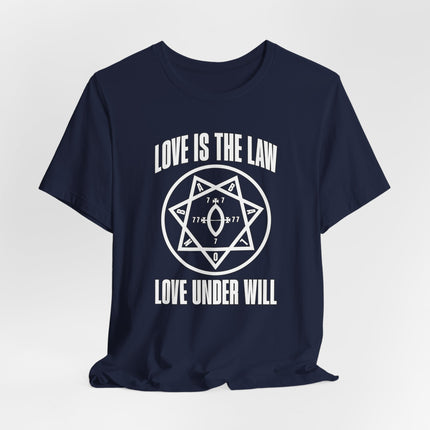 Love Is The Law t-shirt featuring a heptagram occult symbol and Thelema esoteric text.