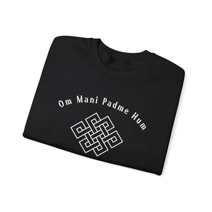 Om Mani Padme Hum mantra and Endless Knot symbol on a black spiritual sweatshirt.