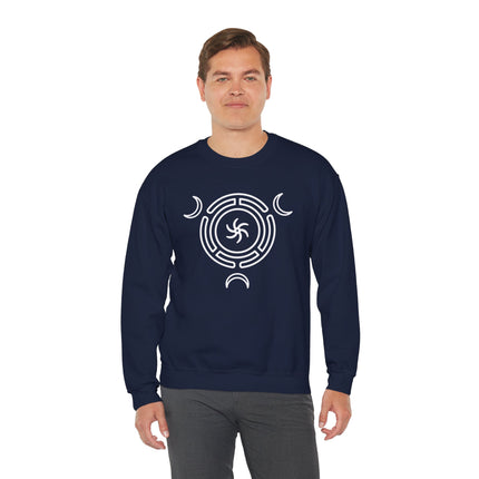Dark blue sweatshirt featuring the white Hecate's Wheel Triple Goddess symbol graphic.