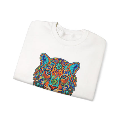Vibrant Huichol jaguar artwork on a colorful pullover sweatshirt with traditional Mexican indigenous art design.