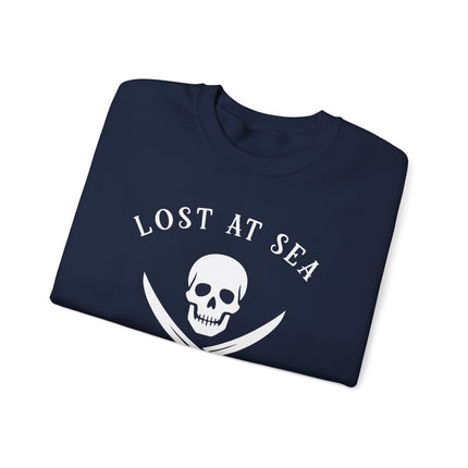 Lost at Sea pirate skull and crossed swords graphic on a navy sweatshirt.