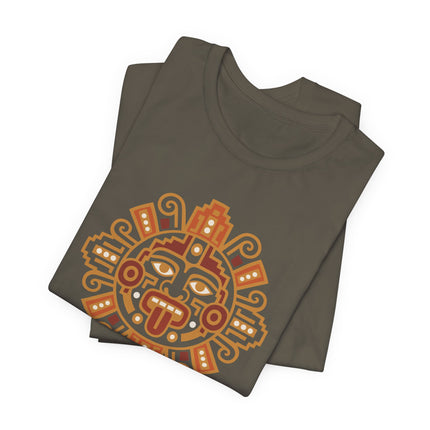 Mayan Sun T-Shirt | Rust and Gold Geometric Face with Rays Tee