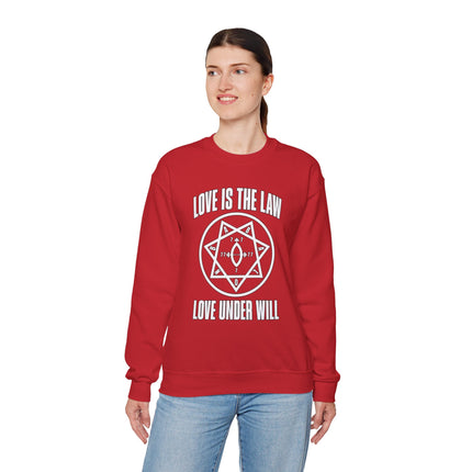 Love Is The Law occult sweatshirt with Thelema hexagram symbol and "Love Under Will" text.
