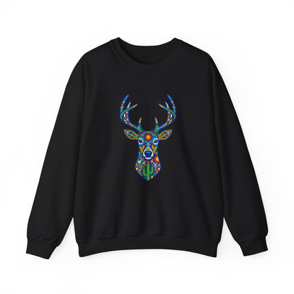 Vibrant Huichol deer folk art graphic on black unisex sweatshirt.