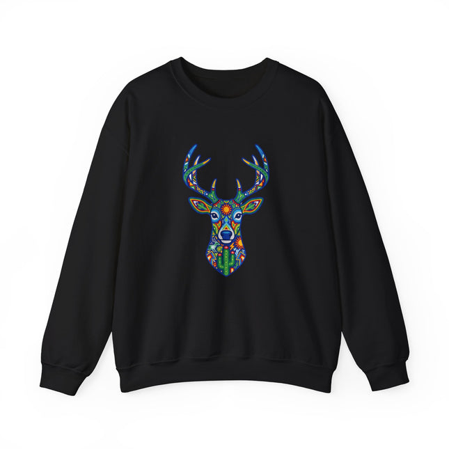 Vibrant Huichol deer folk art graphic on black unisex sweatshirt.