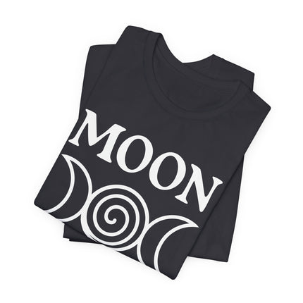 Moon goddess graphic tee featuring lunar symbols and the word MOON.
