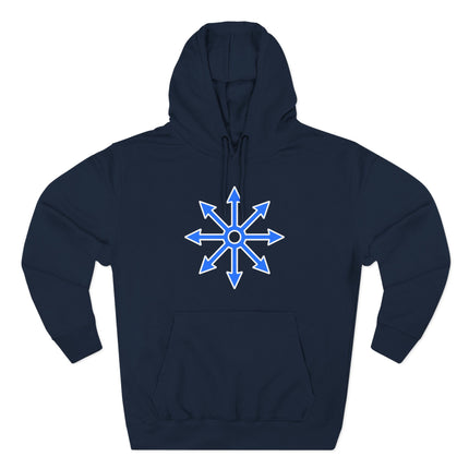 Chaos star symbol graphic on a dark blue hoodie. Esoteric eight-pointed design for alternative apparel.