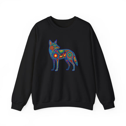 Huichol coyote symbol sweatshirt featuring vibrant Mexican folk art animal designs.