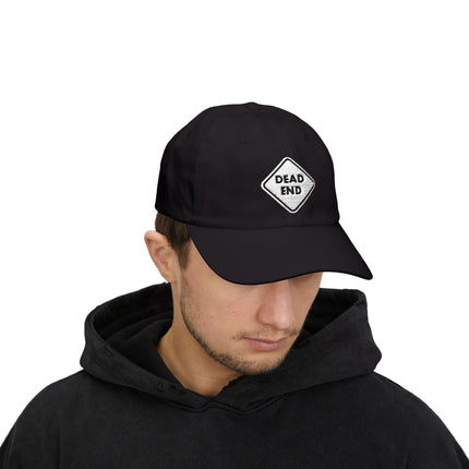 Black baseball cap with embroidered "DEAD END" warning sign graphic.