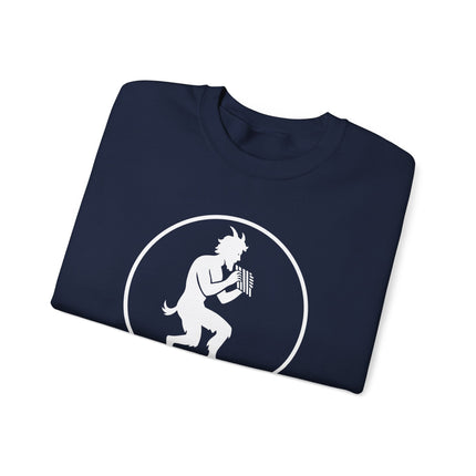 Pan satyr silhouette playing a flute, a graphic design inspired by Greek mythology.