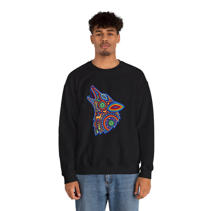 Vibrant Huichol wolf graphic on a black sweatshirt featuring Mexican tribal folk art.