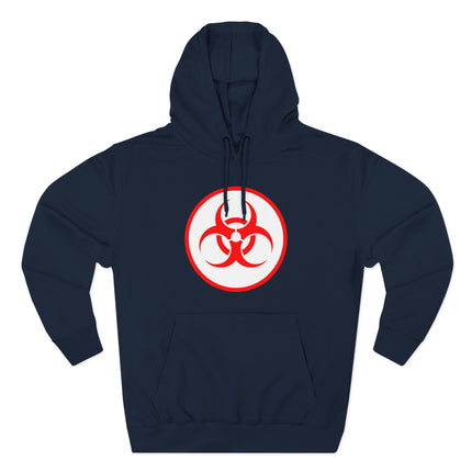 Dark navy hoodie featuring a striking red biohazard warning symbol graphic.