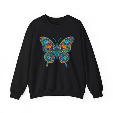 Mexican Huichol butterfly art graphic on black boho ethnic style sweatshirt.