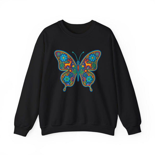 Mexican Huichol butterfly art graphic on black boho ethnic style sweatshirt.